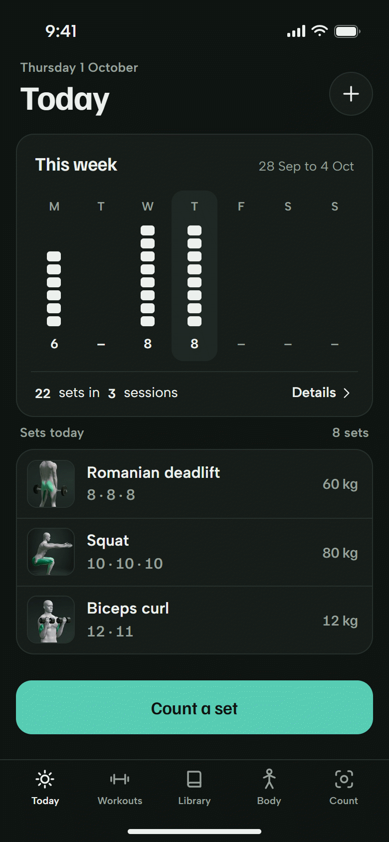 The Today screen. A bar chart of the week's sets, and today's three lifts with their sets and weights. Dark theme.