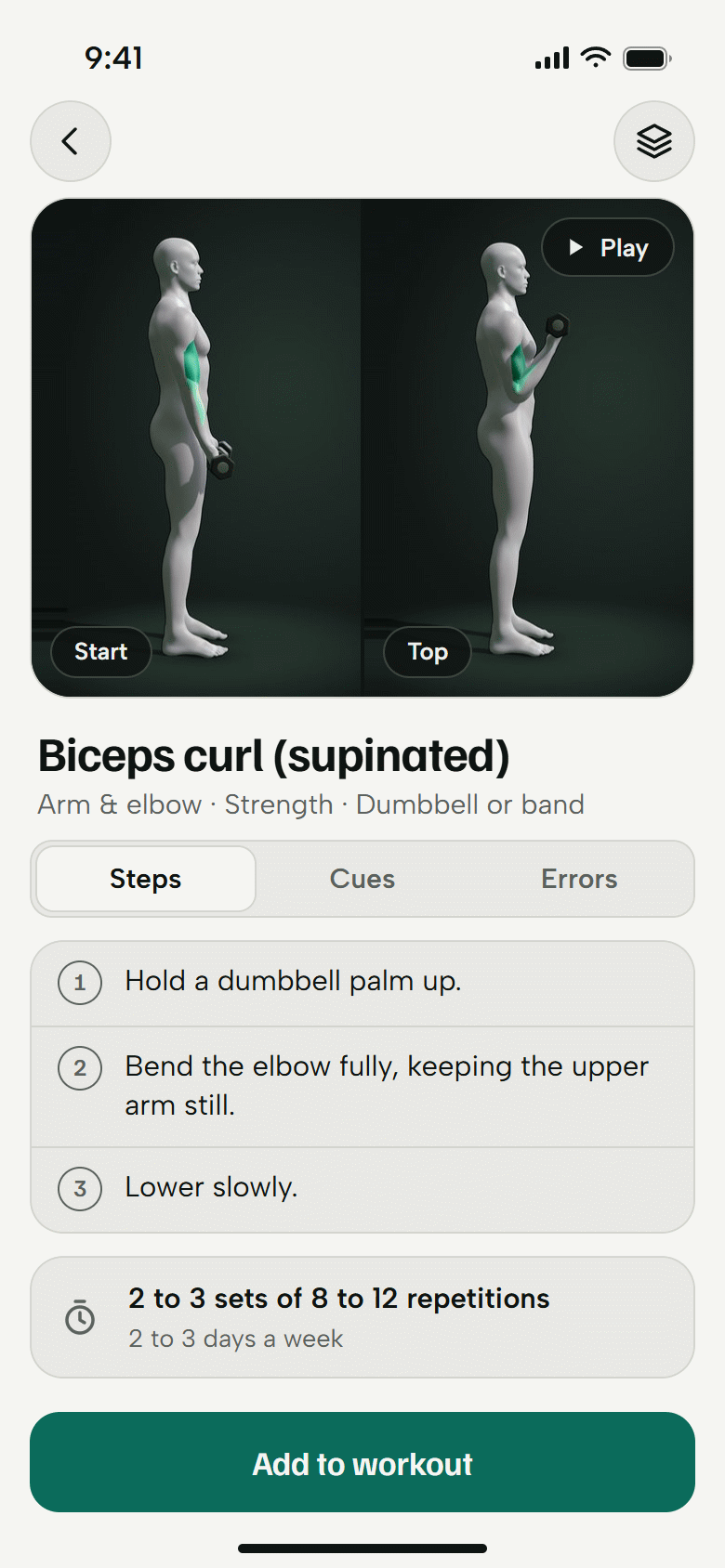 The exercise screen for the supinated biceps curl. The 3D athlete at the start and top positions, the three steps, and the dosage. Light theme.