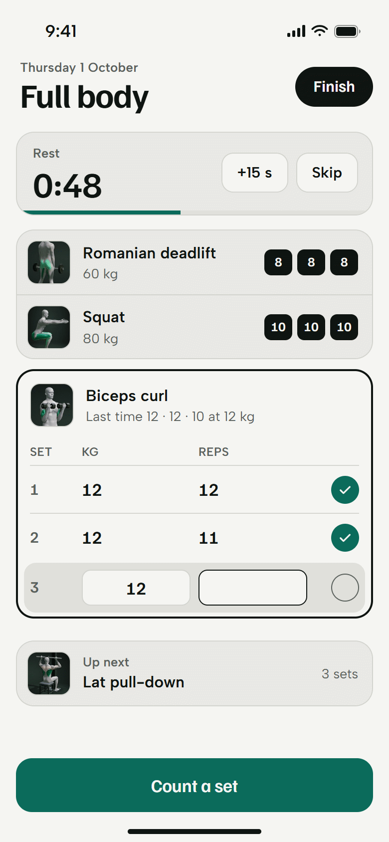 A full body workout in progress. A rest timer, two finished lifts, and the biceps curl with sets 1 and 2 logged and set 3 ready. Light theme.