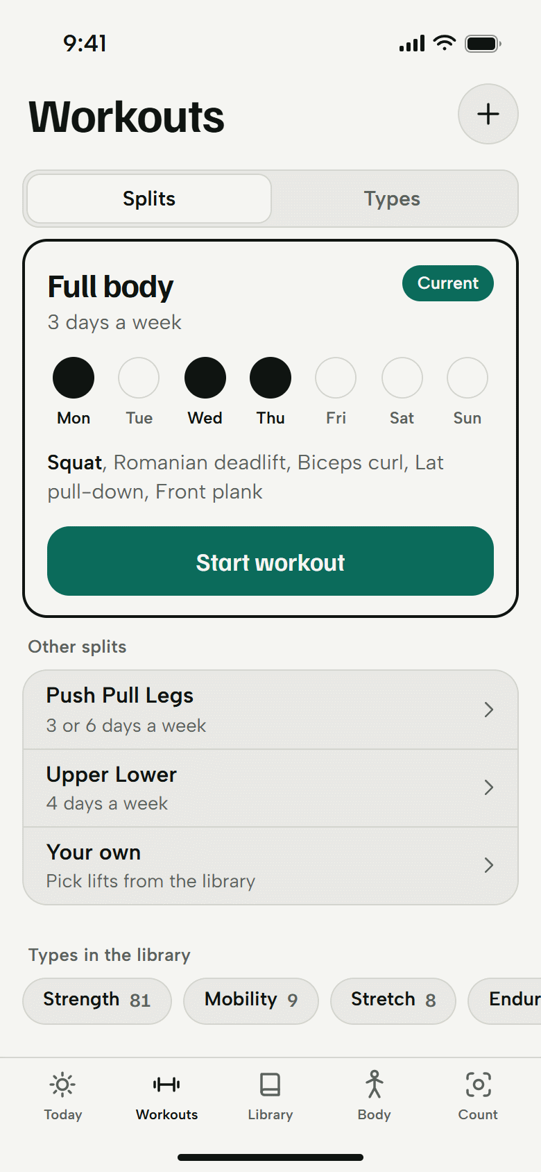 The Workouts screen. The current full body split with its three days, other splits, and exercise types with counts. Light theme.